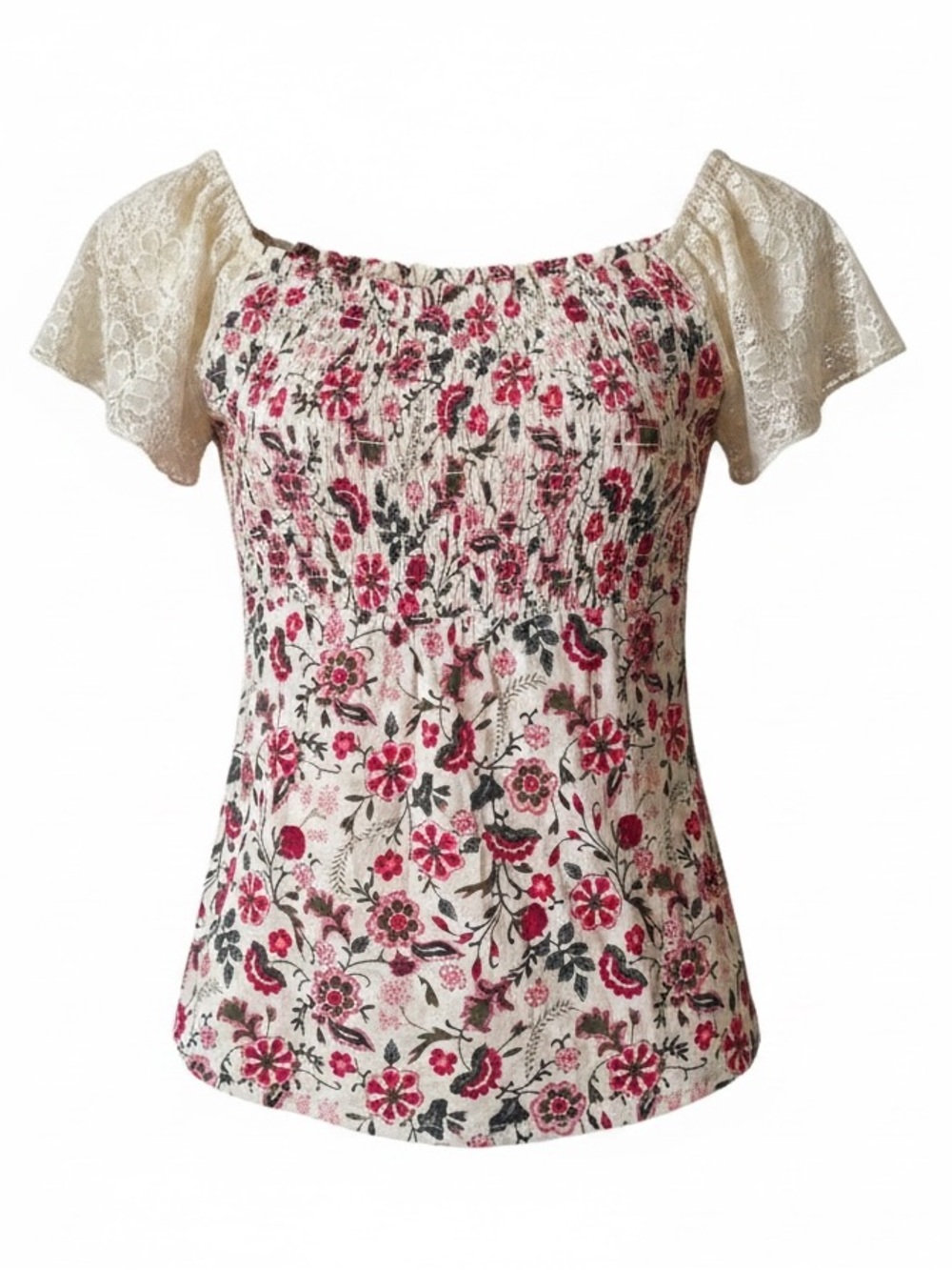 torrid Cream Lace Cap Sleeve Floral Smocked babydoll Top